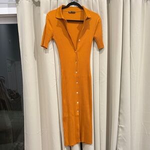 Zara Orange Button-Down Ribbed Dress Size S Preloved
